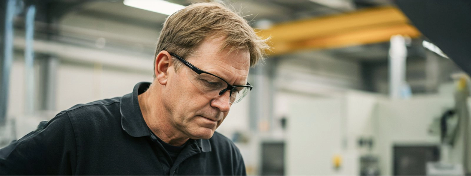 Mann med vernebriller arbeider i produksjonshall hos Ing. Yngve Ege