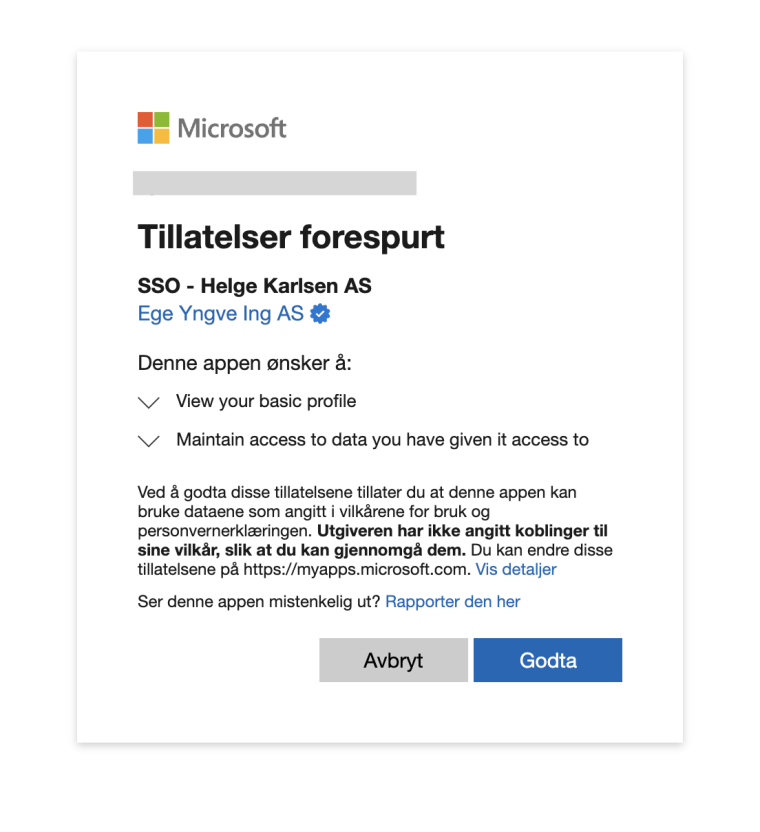 Microsoft samtykkedialog — Ege Yngve Ing AS ber om tillatelse til grunnleggende profilinformasjon