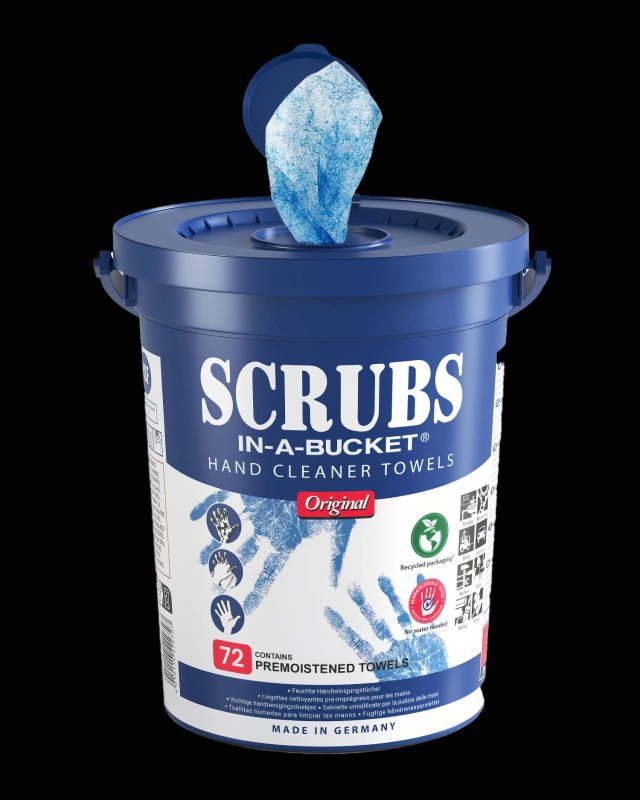 SCRUBS håndrens-servietter i blå bøtte med lokk.