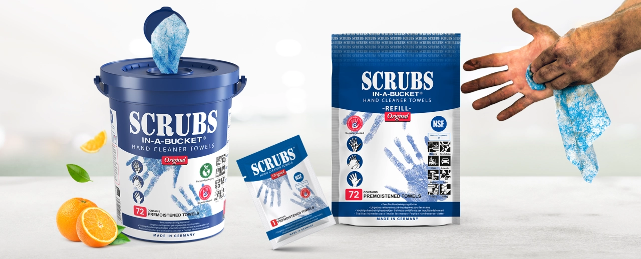 SCRUBS håndrens-servietter i bøtte, refillpose og enkeltpakke, med skitne hender som vaskes rene.